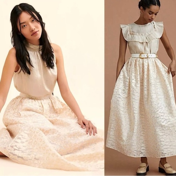 Anthropologie Pankaj & Nidhi Burnout gold cream Metallic Maxi full Skirt Small - Picture 1 of 8